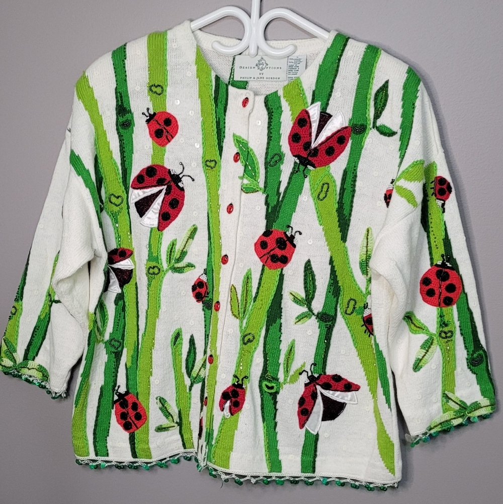 Design Options Ladybug Cardigan Sweater Beaded Embriodered Rare L